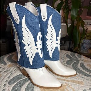 Guess Blue and White Heeled Boots